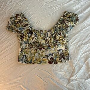 Free People Green and Brown Puff Sleeve Crop Blouse